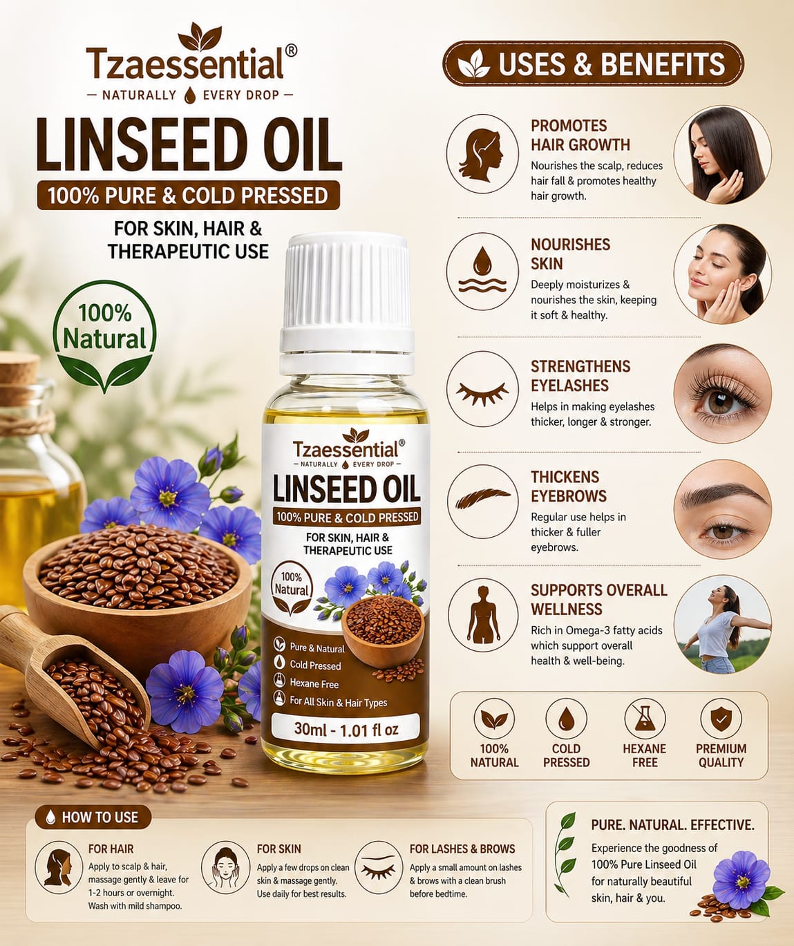 Flaxseed Oil(Linseed) Could Pressed 100% Pure Natural 100 ml
