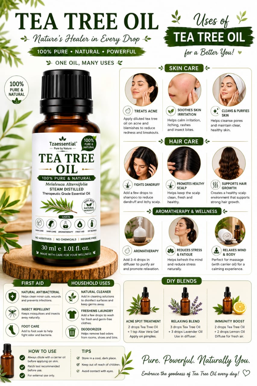 Tea Tree Essential Oil 100 ml 100% Pure & Natural For AromaTherapy, Stress Relief,