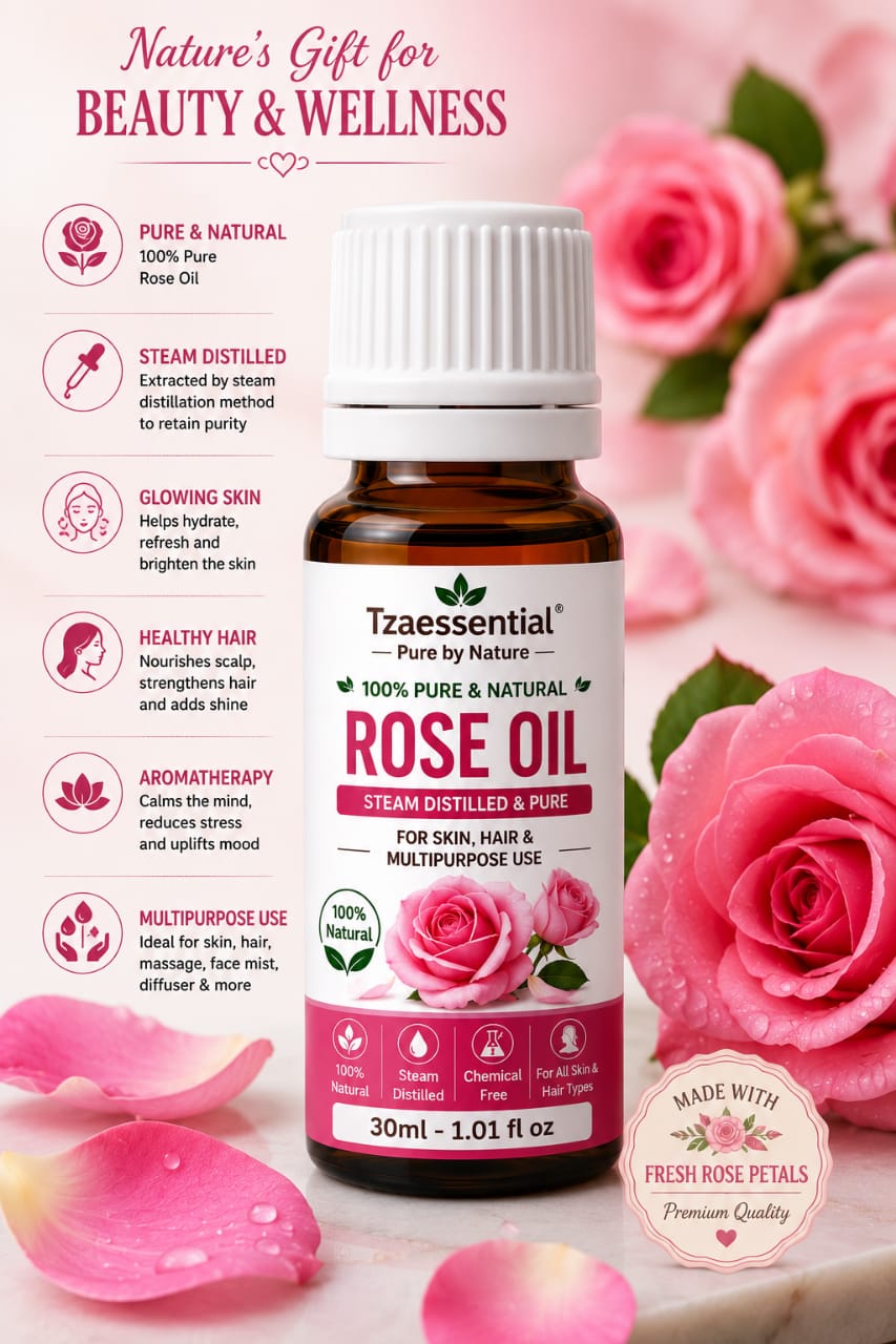 Rose Essential Oil 100 ml 100% Pure & Natural For AromaTherapy, Stress Relief,